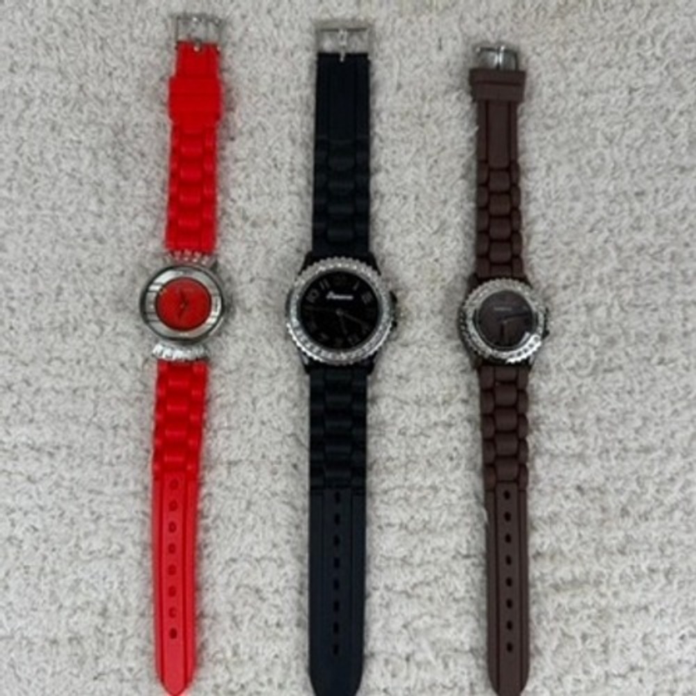 Geneva Women Silicone Band Watch Lot Red Black Brown Rhinestone Bezel 3pc Bundle